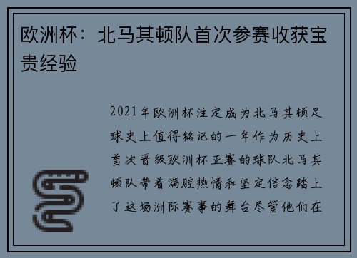 欧洲杯：北马其顿队首次参赛收获宝贵经验